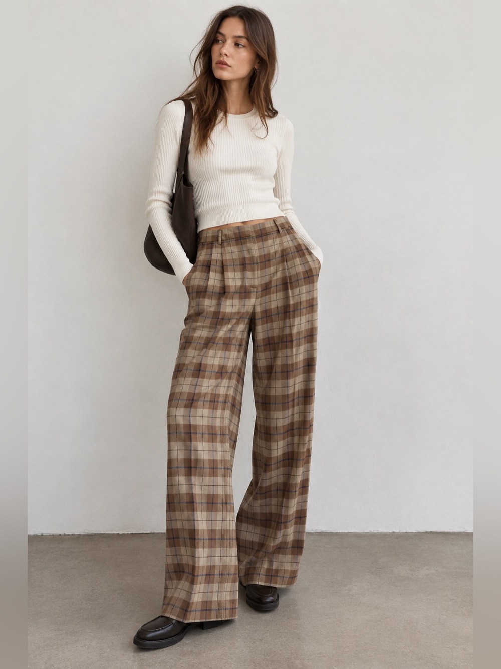 Wilfred Aritzia 10 Brown Plaid High Rise Wide Leg Trouser Pants Quiet Luxury